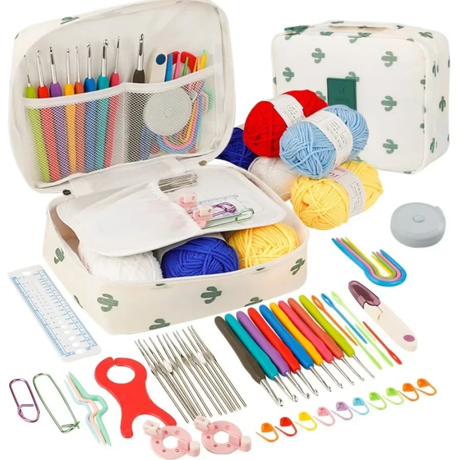 59-piece/Set Crochet Set DIY Beginner Crochet Full Material Kit Portable Yarn Knitting Tools Including Yarn, Crochet Hooks and Tools, Portable Beginner Crochet Set