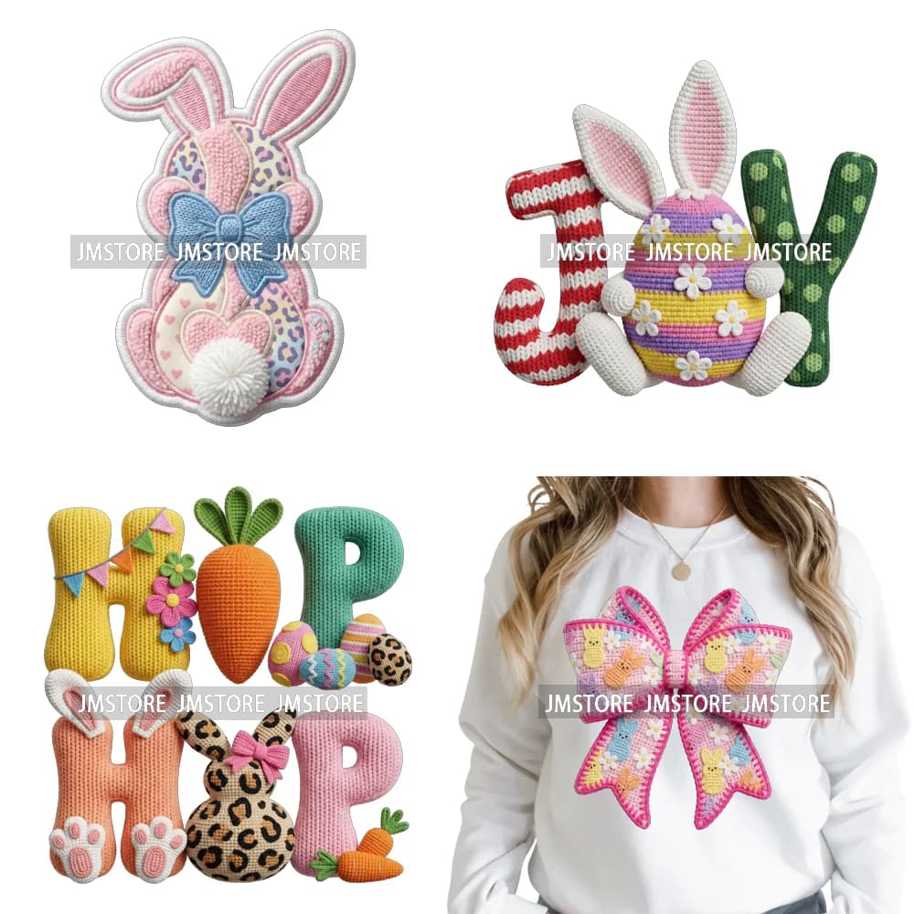 Adesivi DTF termoadesivi lavabili per tessuti, pronti da applicare, con motivi Latch Hook, Faux Crochet, Bunny Coquette, Egg Mama Joy, Pasqua