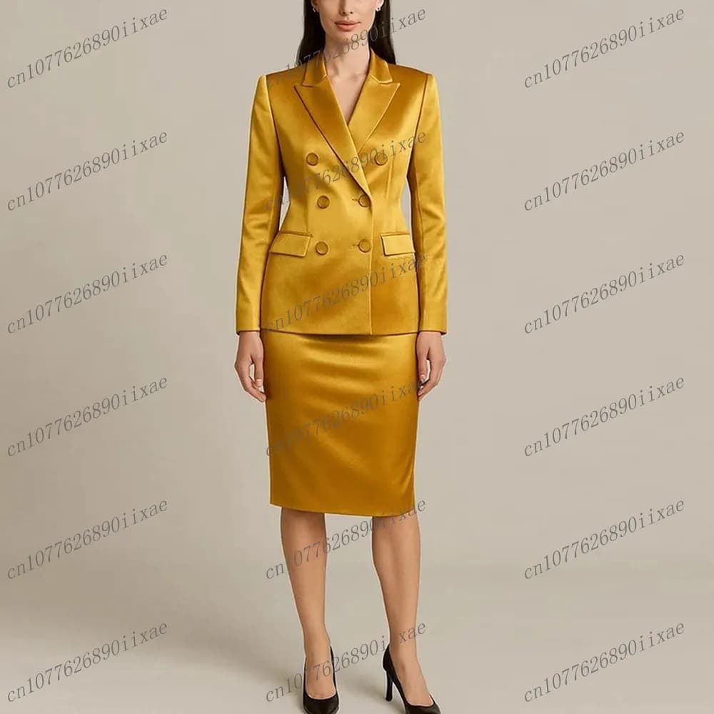 Gonna blazer in golden satin in acetate Women's Dresses Smoking formal work for women Mother Wedding party Women's skirt jacket in 2 pieces