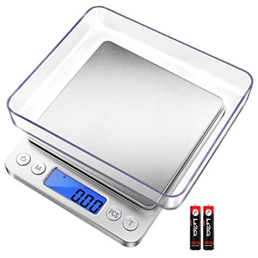 Digital gram scale for jewelry, kitchen, and herb use; stainless steel platform; black; 0.01g accuracy, 500g capacity, displays