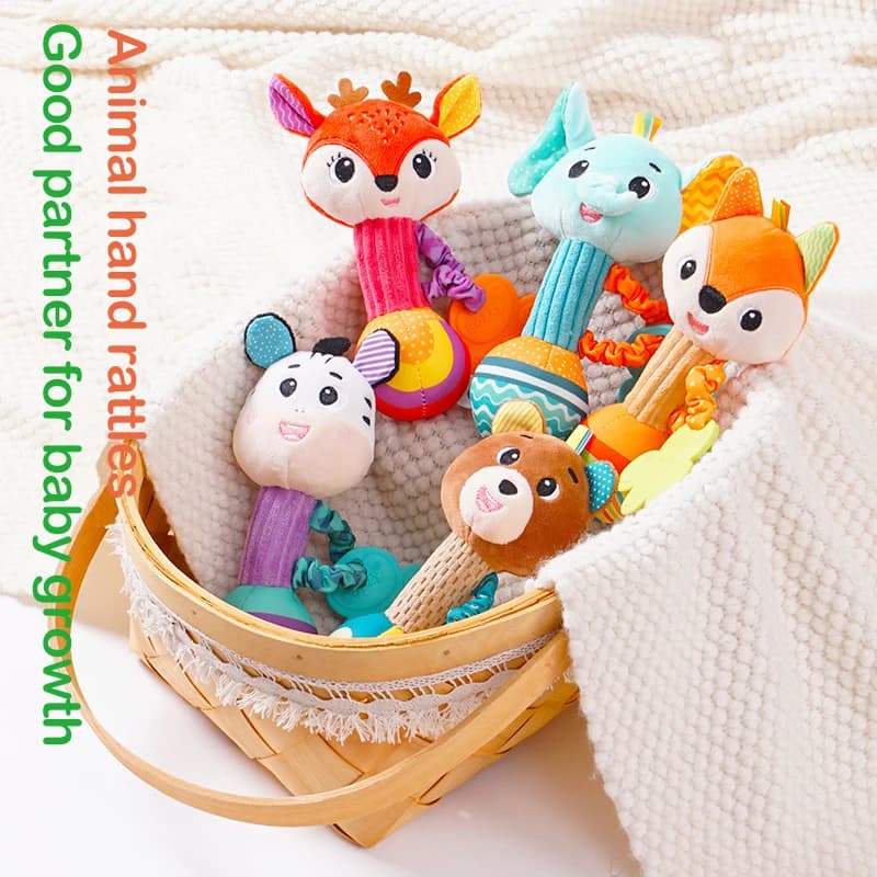 Sonagli per bambini colorati Fox Deer Zebra Bear Bunny sonaglio a mano per neonati a forma di animale con culla per massaggiagengive giocattoli per bambini da 0 a 12 mesi