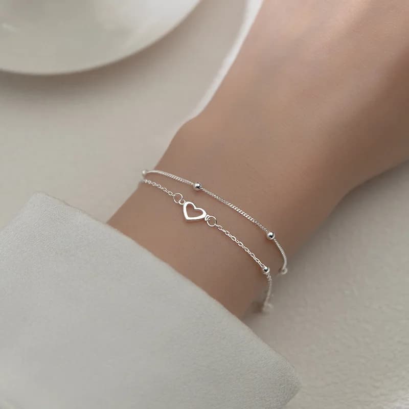 Bracciale in Argento Sterling 925 con Doppio Cuore Traforato, Gioiello Romantico Femminile Classico Regolabile