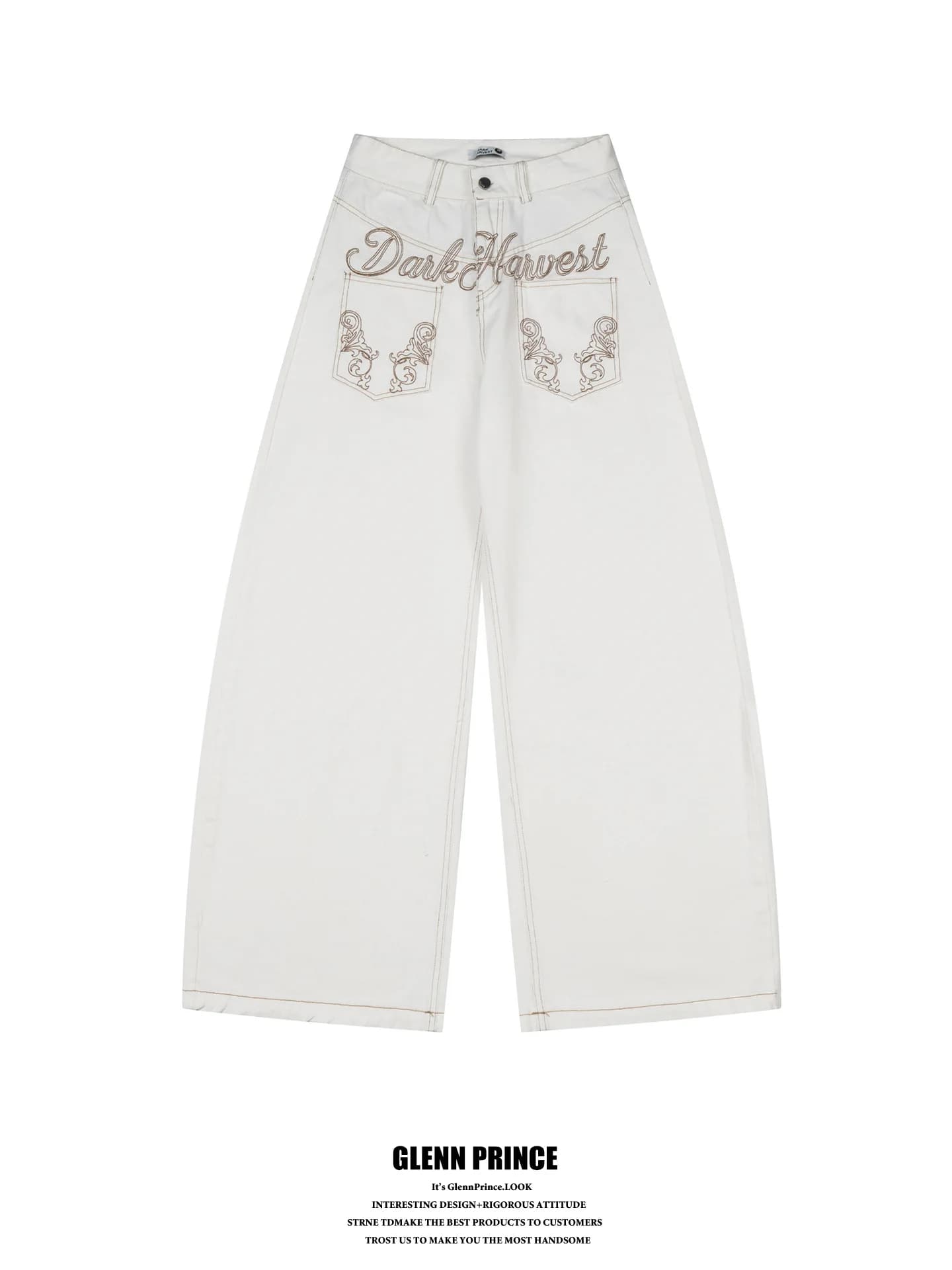 White Embroidered Pocket Knife Jeans Men's Retro American Style Floor-Length Design Sensation Cotton Blend Casual Trousers