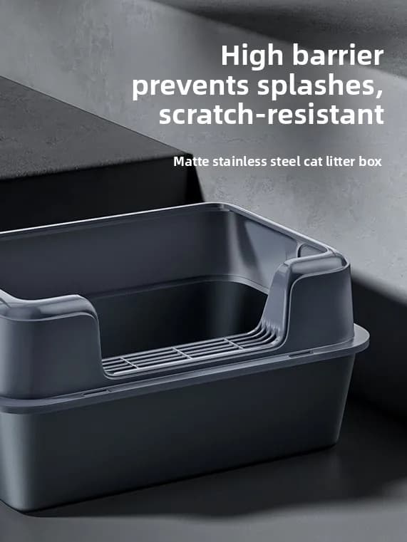 Lettiera per Gatti Semi-Chiusa Grande in Acciaio Inossidabile, Toilette per Animali Domestici con Parte Superiore Aperta, Base Antiscivolo e Anti-Schizzi - Forniture per Animali Domestici