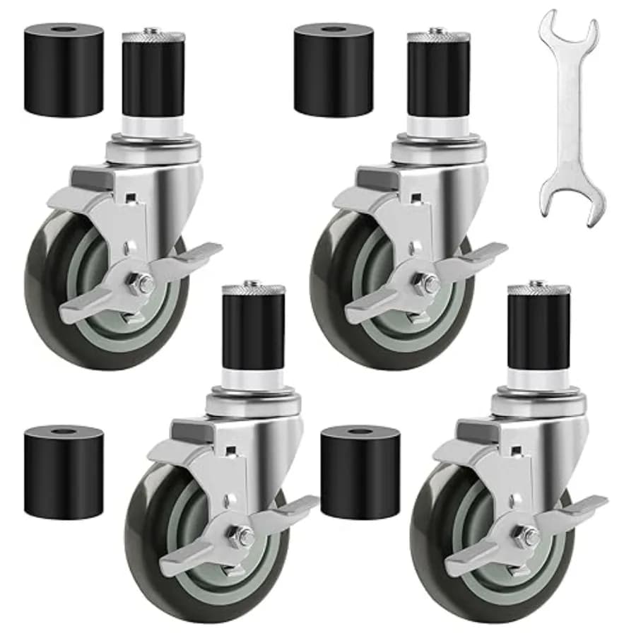 Set di Ruote per Tavolo da Preparazione con Perno Espandibile da 1-1/2" e 1-1/8" e Freno Laterale per Gambe di Tavoli e Carrelli in Acciaio Inox C