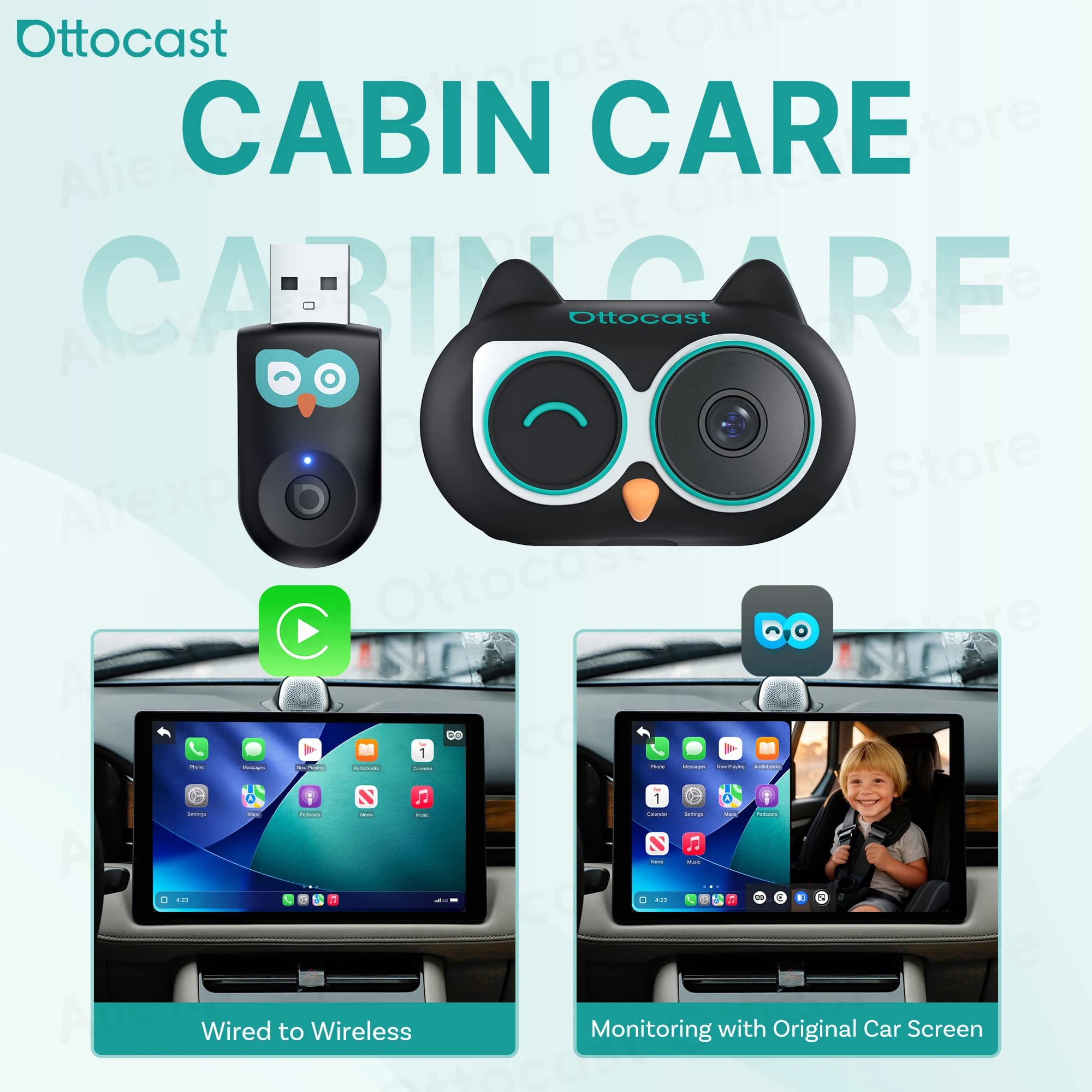 Ottocast Adattatore per la cura della cabina Telecamera HD per auto CarPlay wireless per accessori per auto per bambini per Hyundai Benz Audi Chevrolet Kia