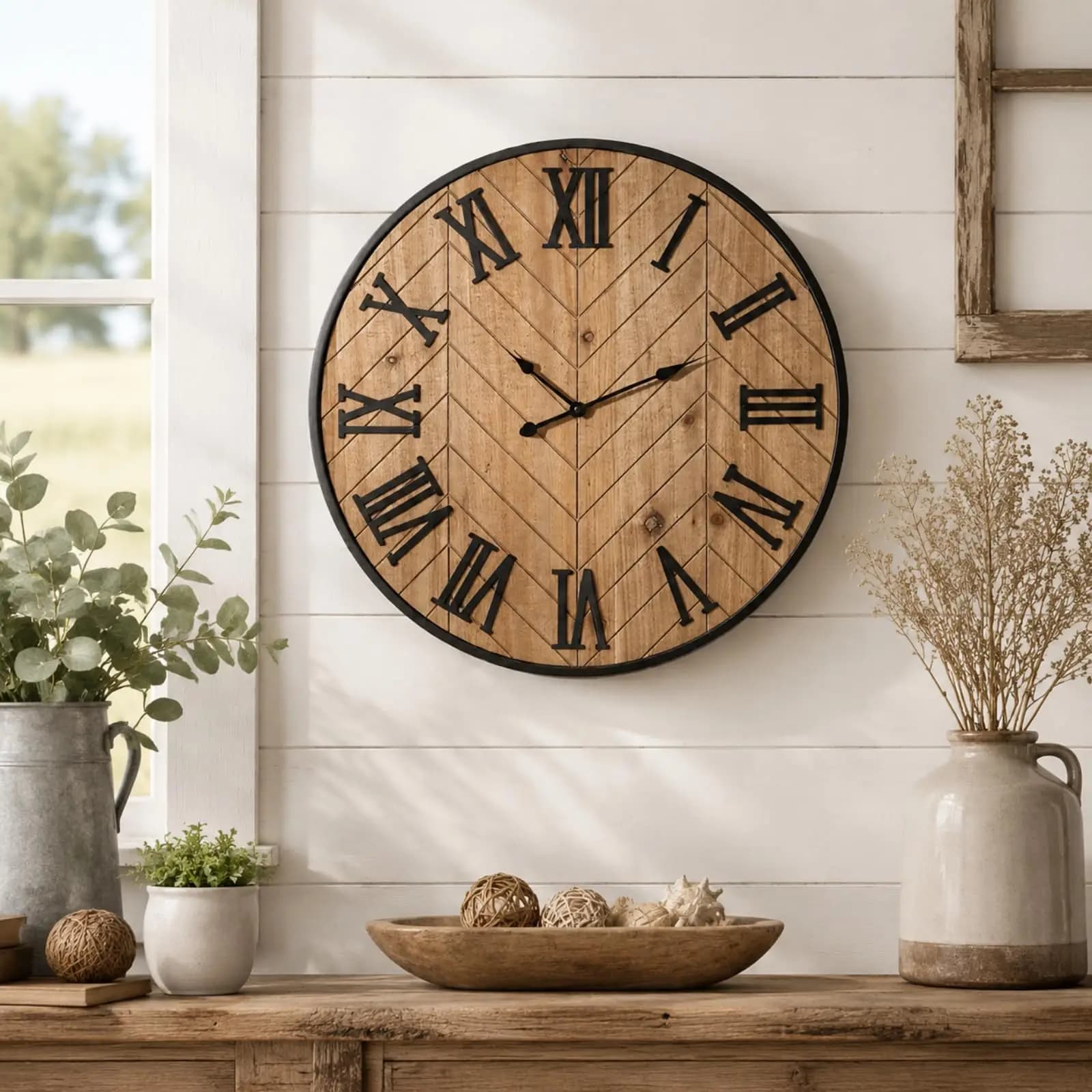 Orologio da Parete Rustico in Legno da 20 Pollici con Numeri Romani 3D, Motivo a Spina di Pesce, Silenzioso, a Batteria, Decorazione Stile Fattoria