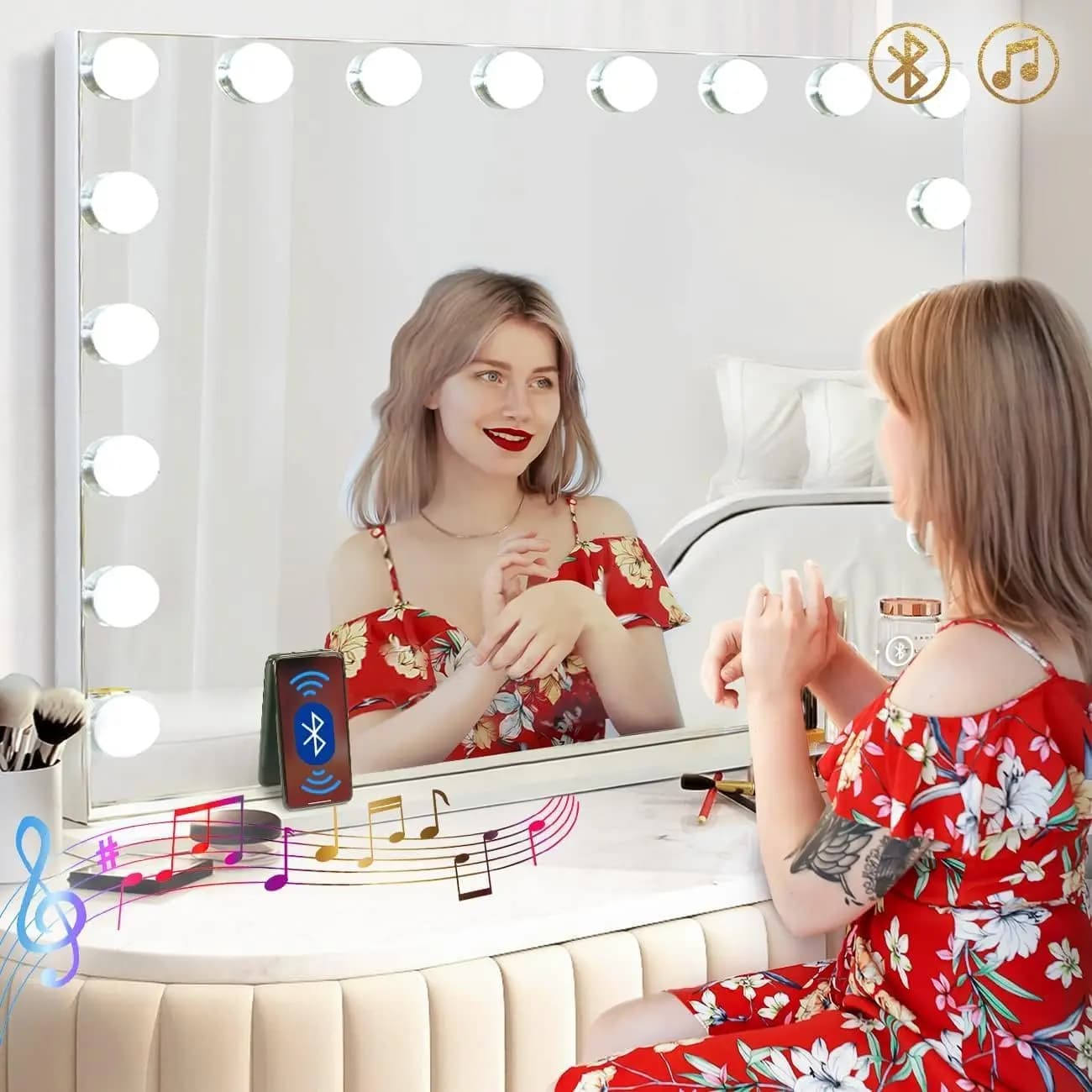 Specchio per Trucco Hollywood da 32 Pollici con Luci LED, Altoparlante Bluetooth, Ricarica USB e Ingrandimento 10x