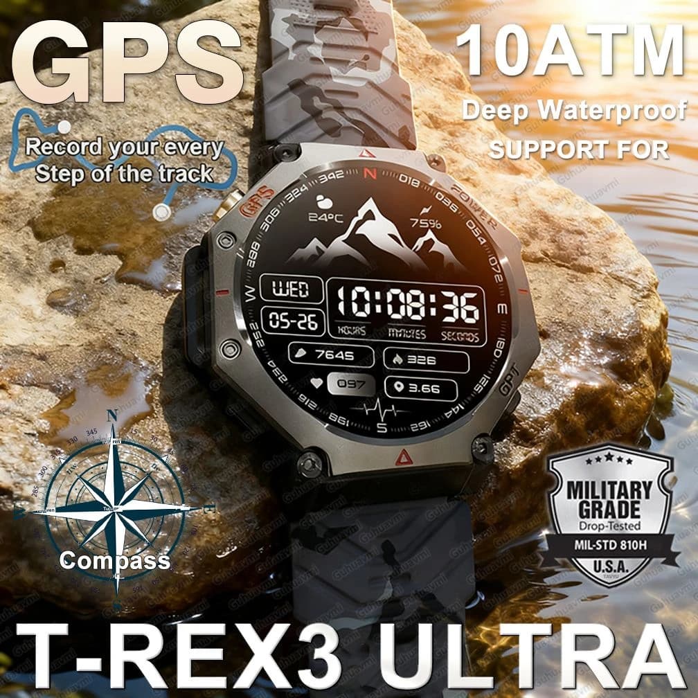 T-Rex 3 Ultra Military Grade GPS Smart Watch 10ATM Waterproof Compass Altimeter Barometric AMOLED Men HD Call Sports Smartwatch