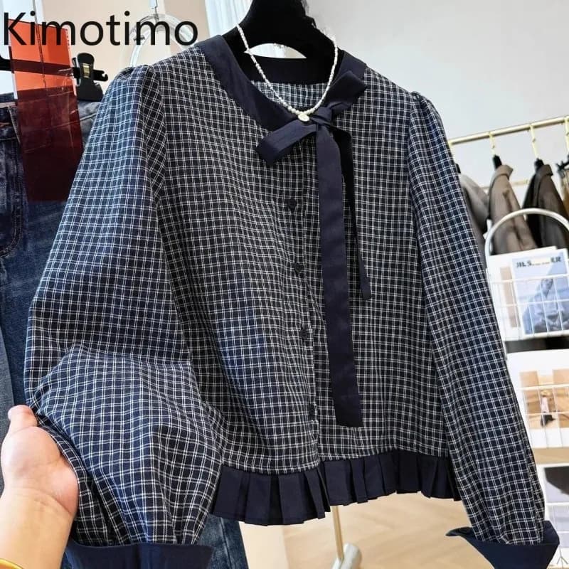 Kimotimo Coreano Retro Plaid Arco Fasciatura Girocollo Camicia Donna 2025 Autunno Nuovo Ruffles Design Manica Lunga Magliette E Camicette Dolce Y2k Camicetta
