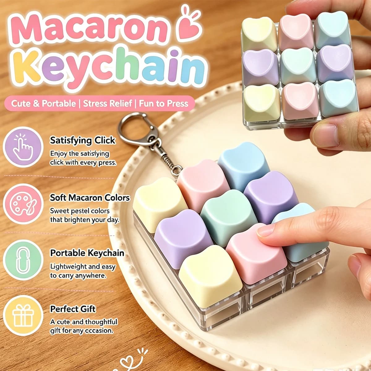 Heart Shaped 9 Keys Fidget Keyboard Clicker Keychain ASMR Crisp Click Sound Stress Anxiety Relief Portable Sensory Toy for Adult