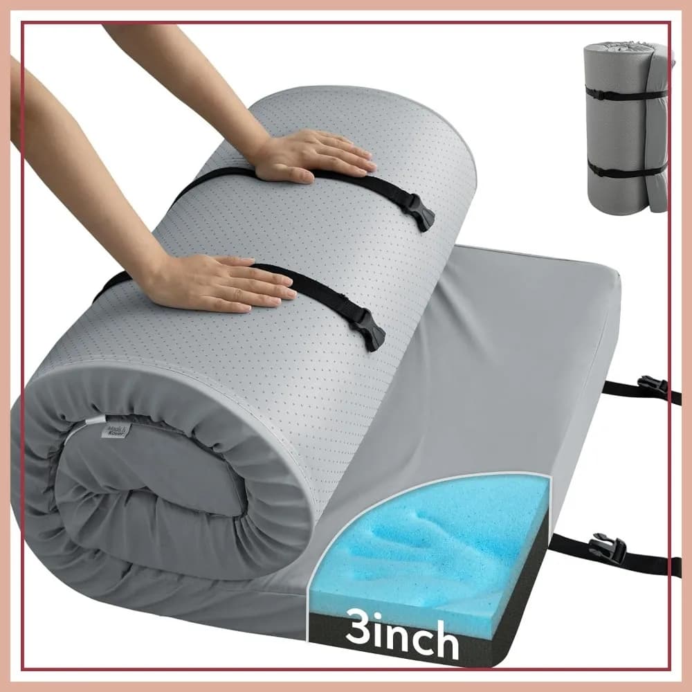 Materasso da campeggio in memory foam da 3 pollici con copertura impermeabile, materassino portatile arrotolabile per tenda o camion, 72x24x3, grigio