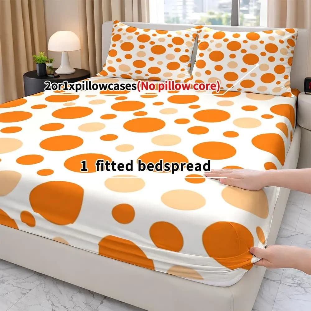 Orange polka dot fitted sheet set for queen, king, and full-size beds, 2D digital print three-piece bedding set (includes 1 fitted sheet + 2 pillowcases), mattress protector, fitted elastic-style mattress cover, mattress protector, fitted bedding set