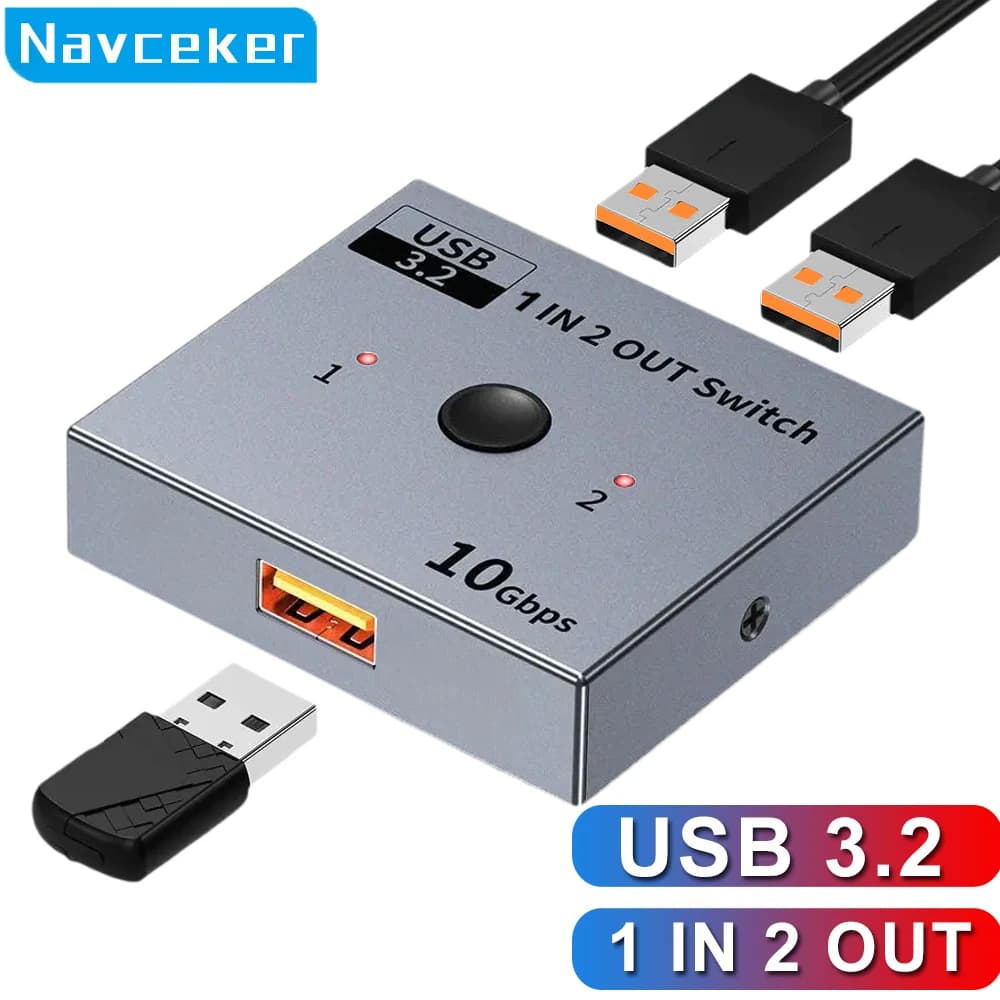 Navceker Two-Way USB 3.2 Switch 10Gbps KM Switcher Selector 2 in 1 Out KVM A Hub Hosts Computer Laptop PC Share Printer Sharing