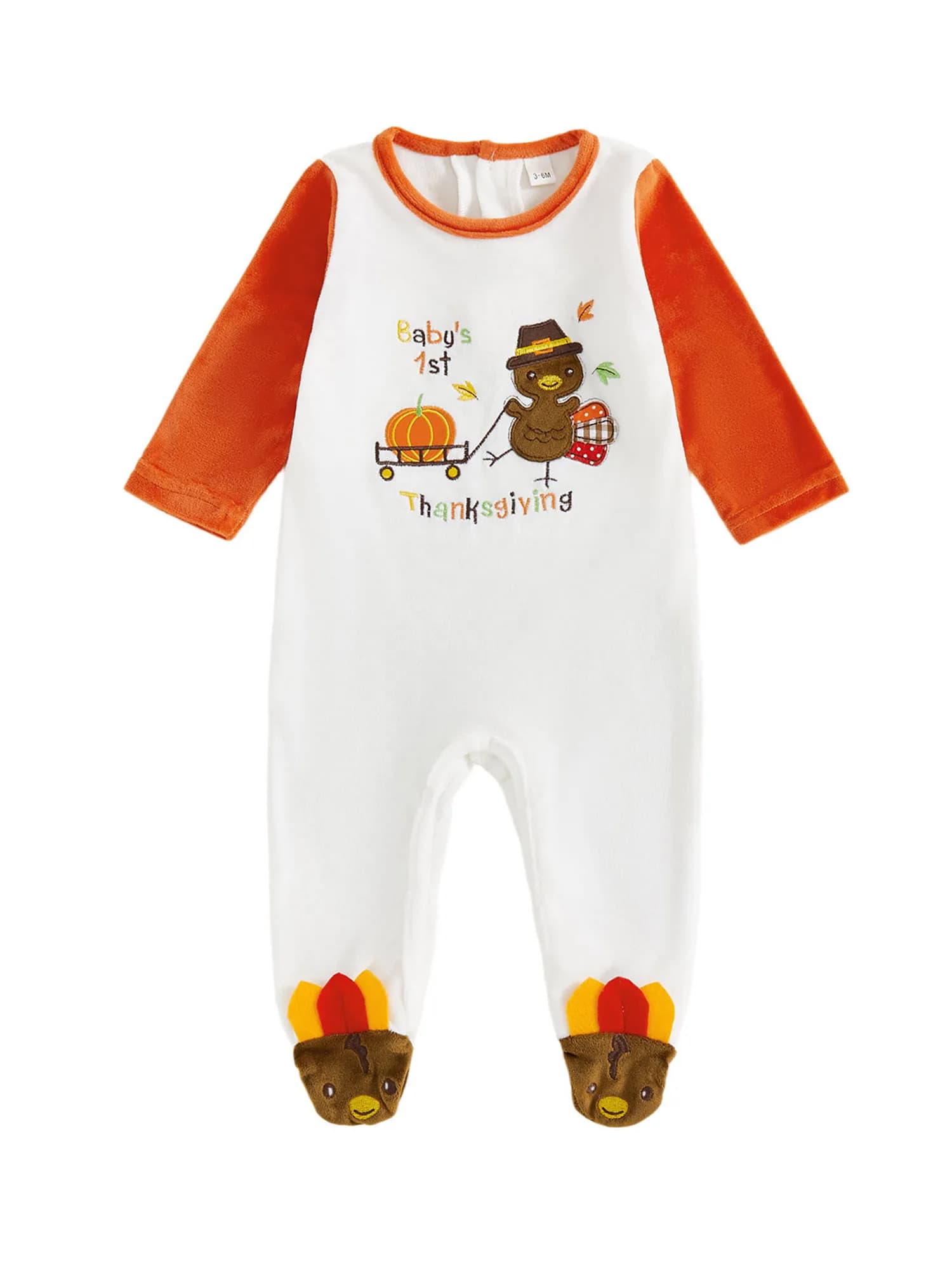 Pagliaccetto per neonato del Ringraziamento, manica lunga, ricamo tacchino, tuta con cappello e calzini, set per neonato