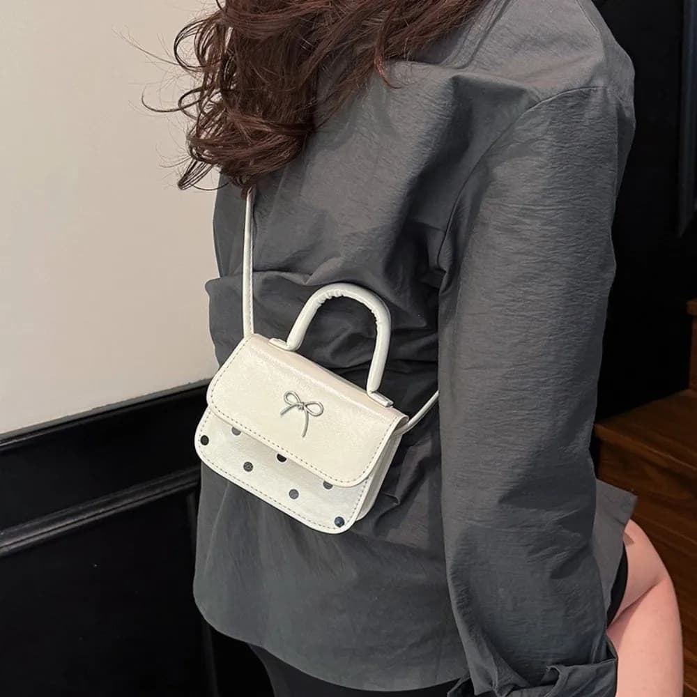 Borsa a Tracolla Mini alla Moda in Pelle PU a Pois, Borsa a Tracolla Stile INS con Fiocco Dolce, Borsetta da Donna