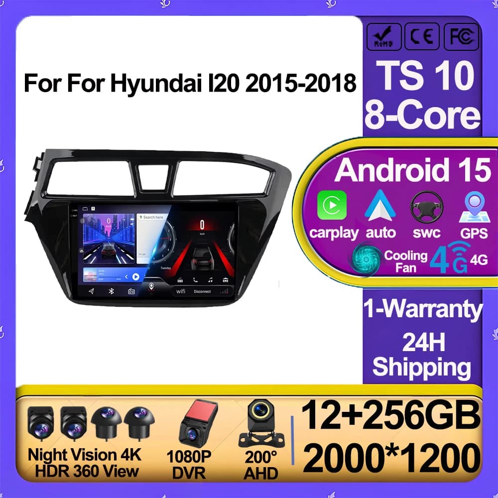 Android 15 Carplay For Hyundai I20 2015-2018 GPS Navigation Video Car Stereo Multimedia Reader Screen No 2din 5G Wifi DVD