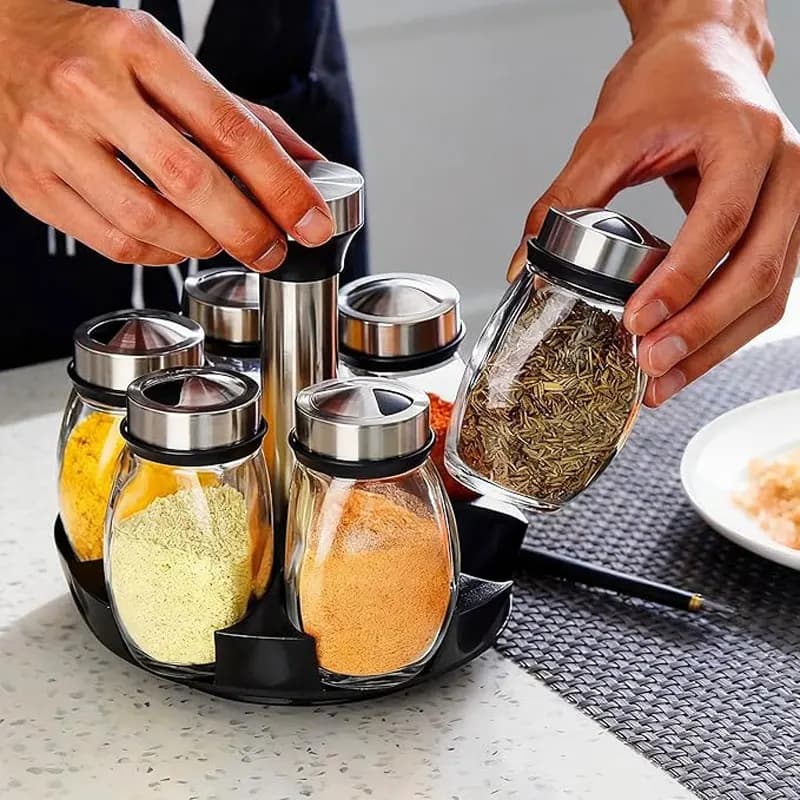 Organizzatore Rotante per Barattoli di Spezie in Vetro, Set da 1/7 Pezzi, Portaspezie per Zucchero, Pepe e Sale, Scaffale per Cucina