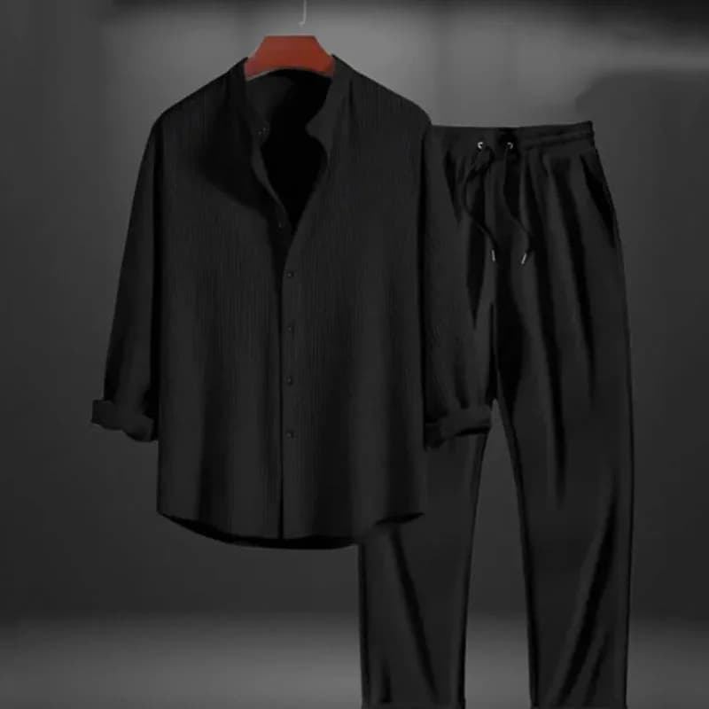 Due pezzi camicie monopetto set da uomo camicette tinta unita con coulisse pantaloni dritti alla caviglia tasche larghe sportive casual