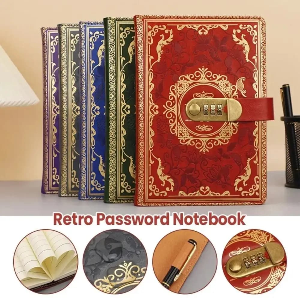 New PU Combination Lock Notebook Lined Pages Vintage Style Locking Journal Pen Loop Personal Diary Notebook Stationery Supplies