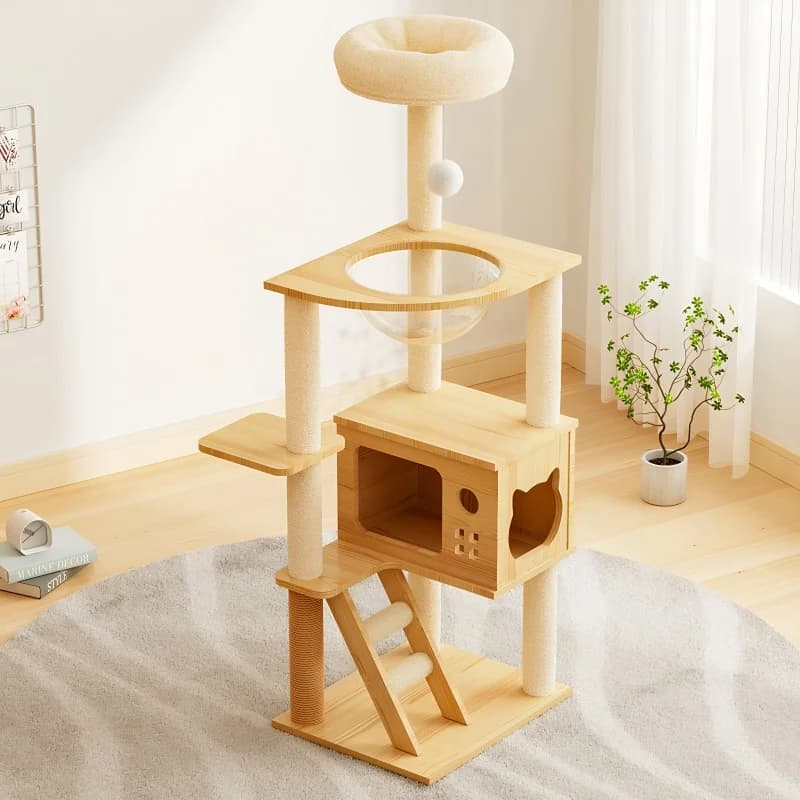 Torre per Gatti Moderna da 124 cm, Albero per Gatti in Legno per Interni, con Tiragraffi Rivestiti in Sisal e Postazione Superiore, Cat C
