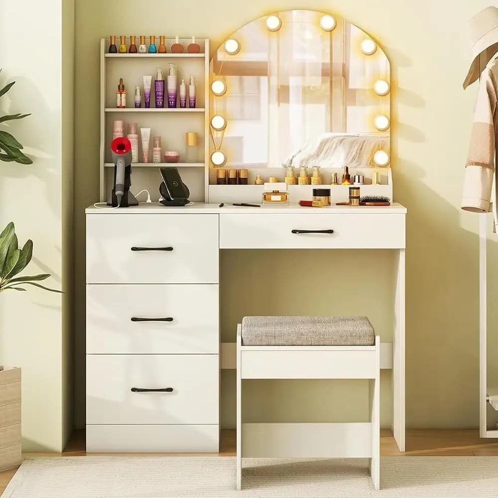 Set Toeletta Bianco per Camera da Letto con Specchio, Luci, Scrivania, Stazione di Ricarica, Organizer, Cassetti e Sgabello