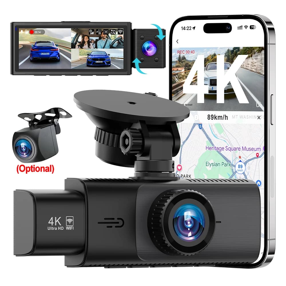 Dash Cam WIFI con 3 Telecamere 4K UHD, Registratore Video per Auto con 2/3 Obiettivi, Scatola Nera GPS, Registrazione in Loop, Accessori Auto
