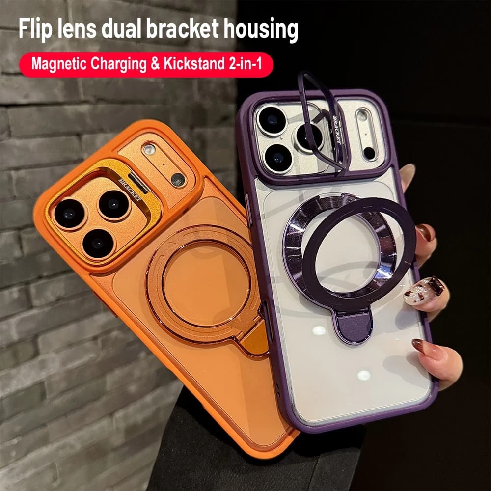 Magnetic Shockproof Phone Case For iPhone 15 17 16 13 14 12 11 17 Pro Max For Magsafe Lens Protection Bracket Silicone Cover