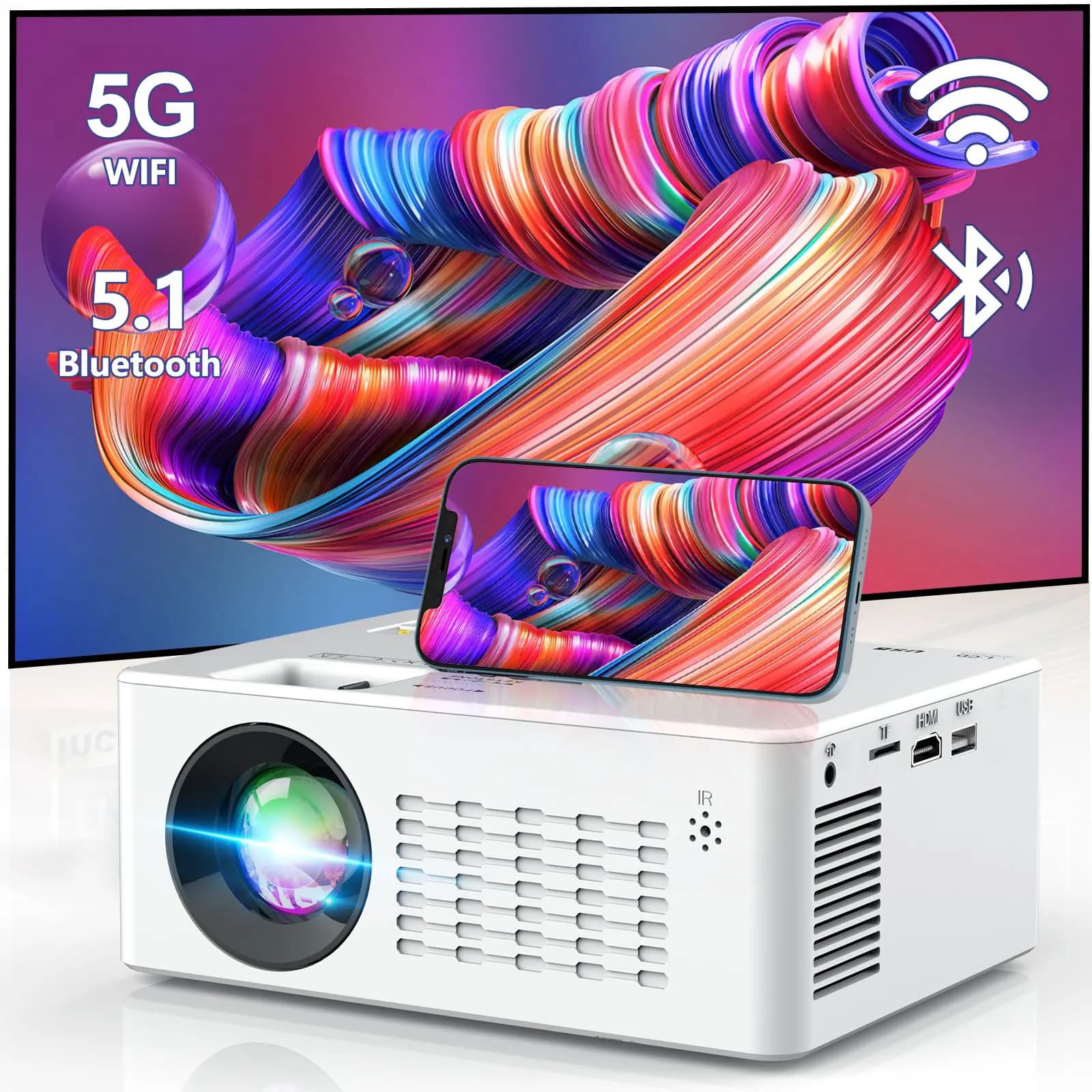 Mini proiettore WiFi 5G con Bluetooth 5.1 proiettore cinematografico portatile 1080P 4K HD compatibile con proiettore esterno HDMI/USB/telefono