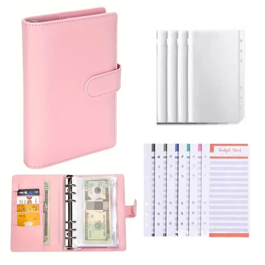 A6 budget binder planner with 5 cash envelopes and plan pages, colored PU leather notebook binder