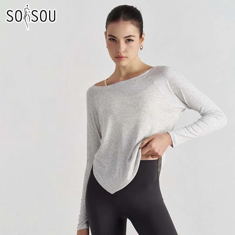 SOISOU Top da yoga con scollo tondo a costine, vestibilità ampia, da donna, o collo, pilates, pullover sportivo, manica lunga, maglietta fitness ad alta elasticità