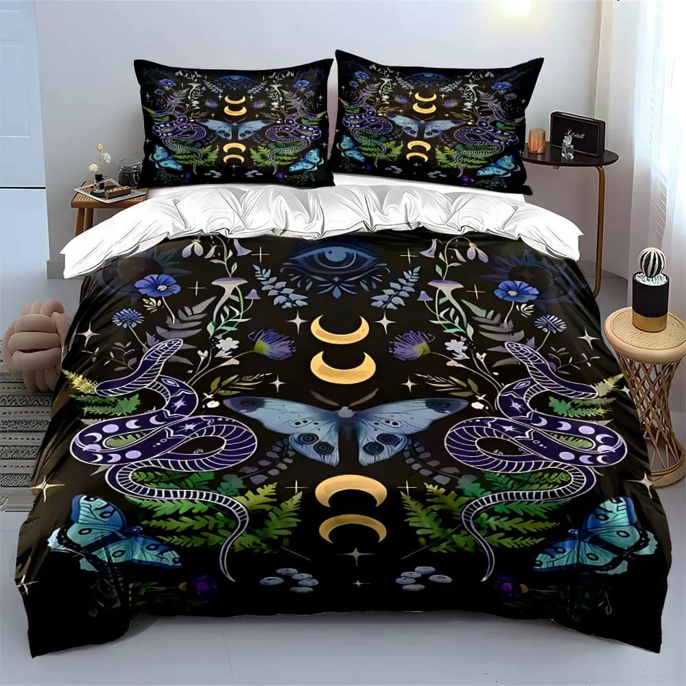 Mysterious Pattern Moon Elements Flora and Fauna Butterflies and Snakes Print Bedding Set 1 Duvet Cover 2 Pillowcases for gifts