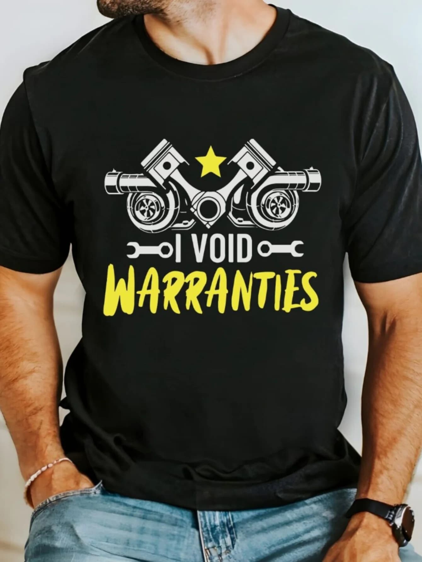 Trendy Men's Black Graphic T-Shirt Twin Turbo Engine Piston Wrench Star Void Warranties Bold Slogan Mechanic Garage Racing Print 100% Cotton Heavyweight Short Sleeve Casual Streetwear Tee