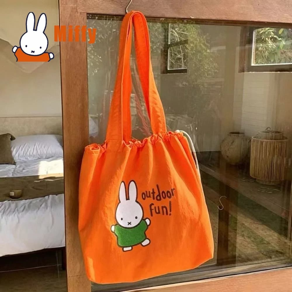 Kawaii Miffy Drawstring Tote Bag Cute Rabbit Embroidered Orange Canvas Shopping Bag Lightweight Foldable Outdoor Girl Gift