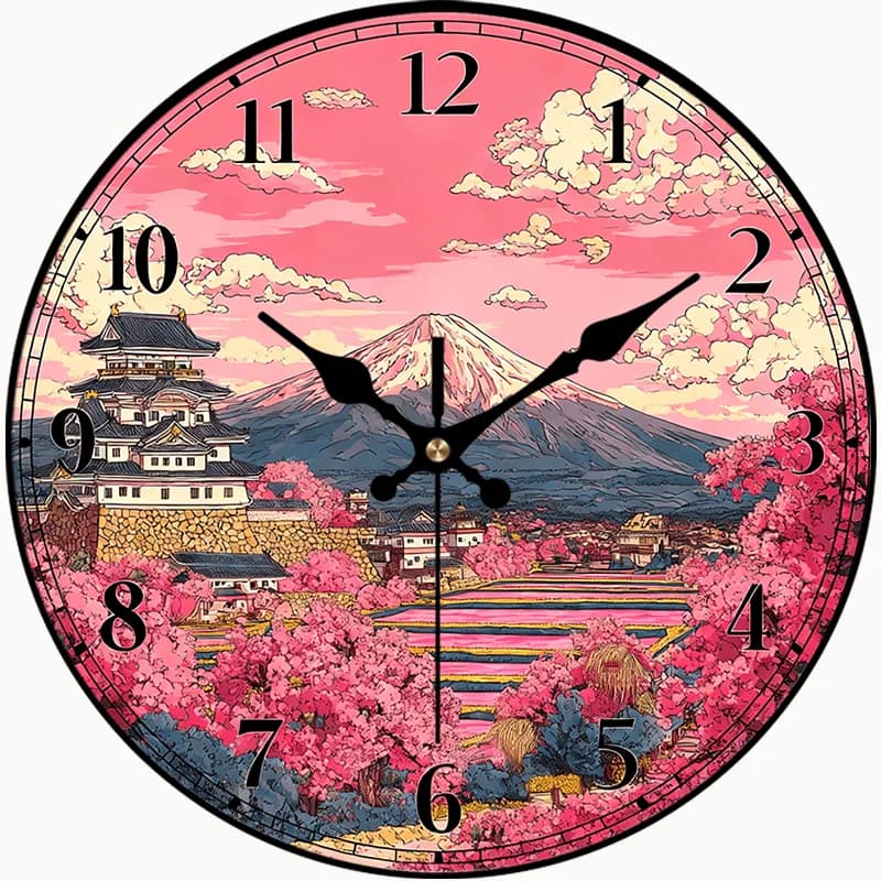 2D Piatto. 1 orologio da parete in PVC in stile giapponese con fiori di ciliegio in piena fioritura, orologio rotondo silenzioso, decorazione perfetta