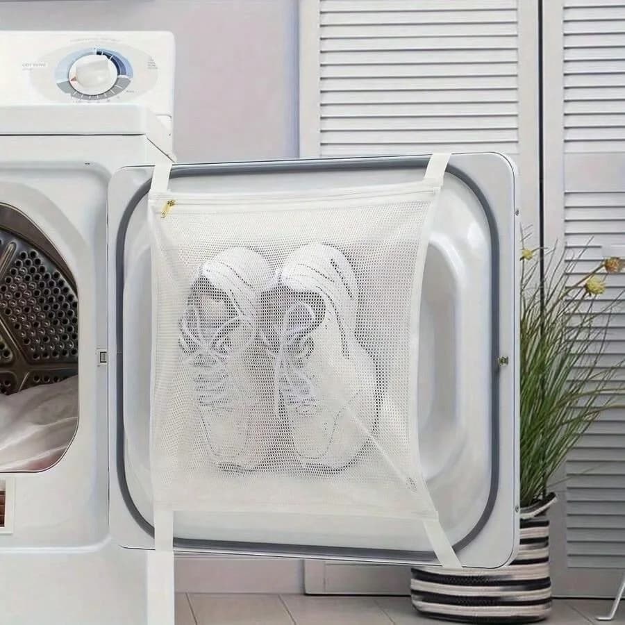 1 sacchetto per asciugare e pulire le scarpe con fascia elastica - Sacchetto portaoggetti in rete resistente per abbigliamento e scarpe sportive, essenziale per la pulizia della casa, sacchetto per il bucato