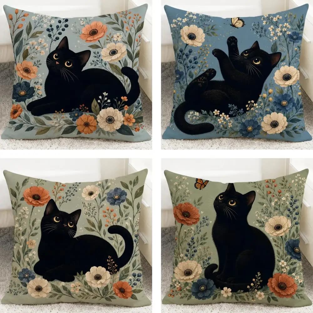 Art Black Cat With Flower Cushion Cover Cushion Covers Natural Linen Breathable Sofa Bedroom Decor Pillowcase