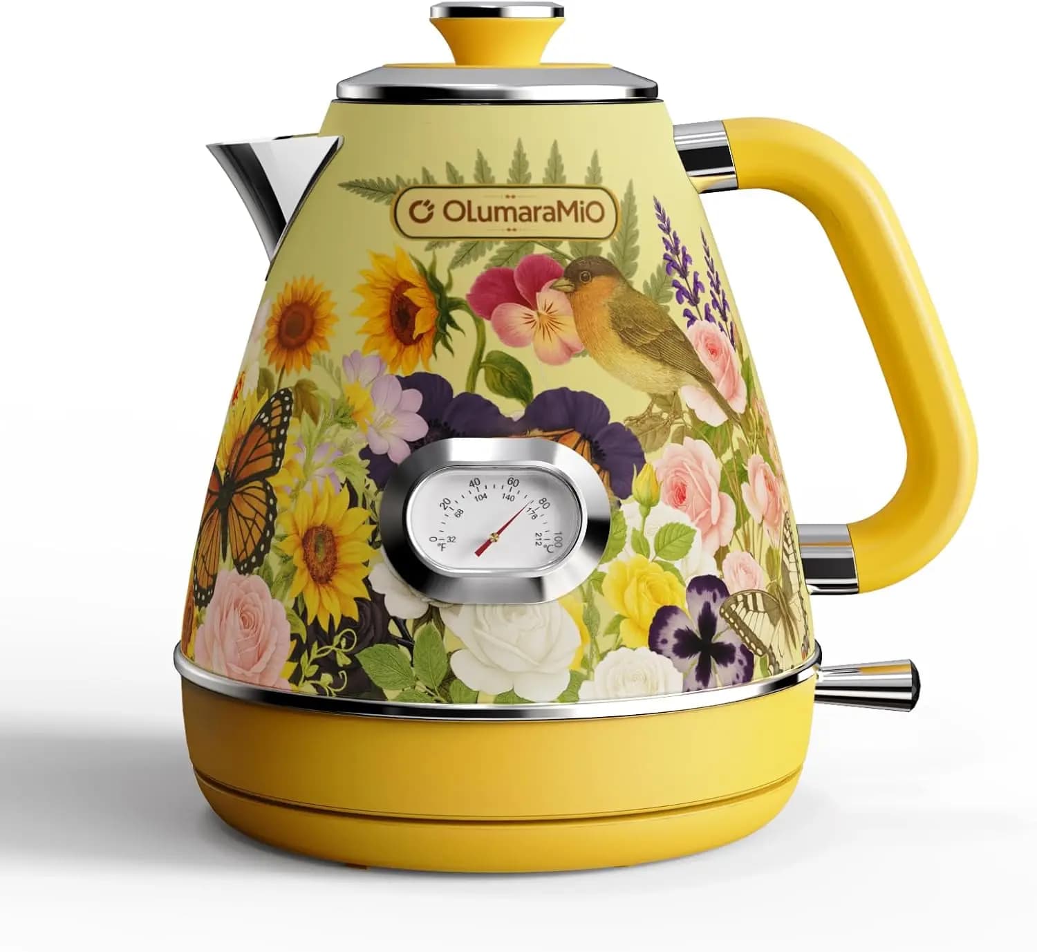 Vintage Floral Electric Kettle with Thermometer, 1.7L Stainless Steel, 1500W Fast Boiling, Auto Shut-Off, BPA Free