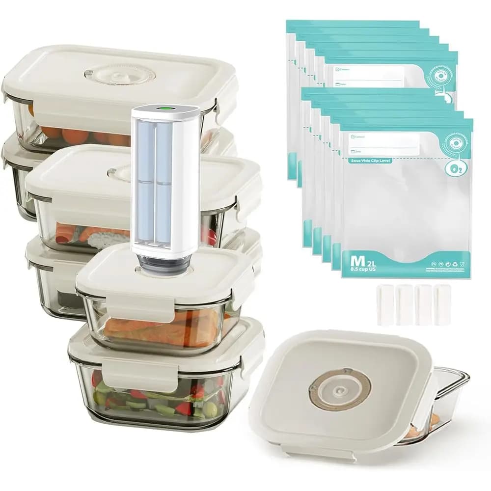 Mini sigillatore sottovuoto portatile con 6 contenitori in vetro e 10 sacchetti sigillanti | Mantieni la Freschezza degli Alimenti, Ideale per la Preparazione e la Conservazione dei Pasti