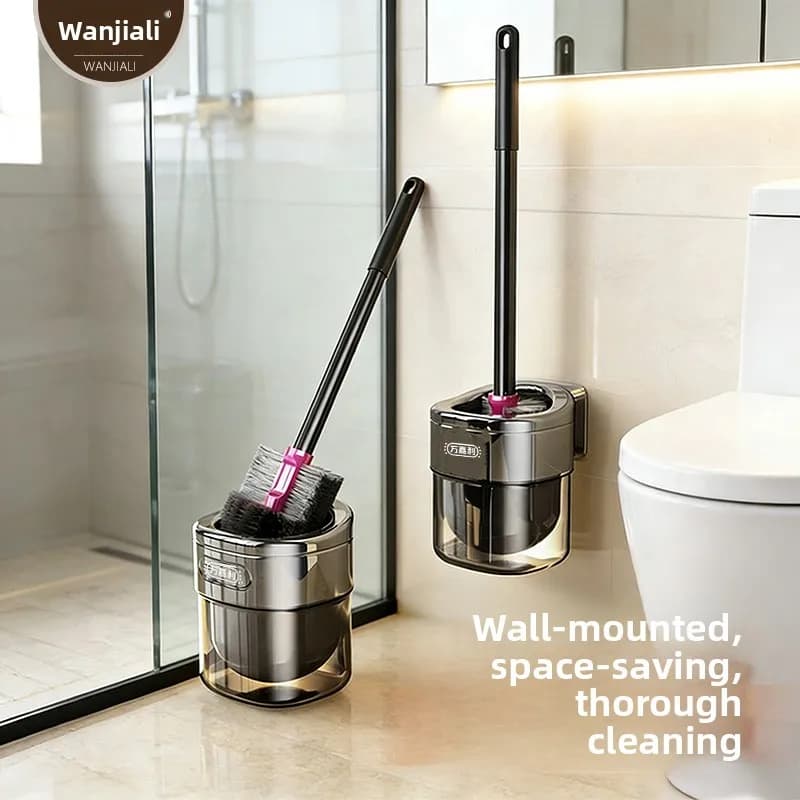 Spazzola per WC con manico lungo, montaggio a parete, strumento per la pulizia domestica, senza angoli morti, set di spazzole per WC, materiale plastico resistente