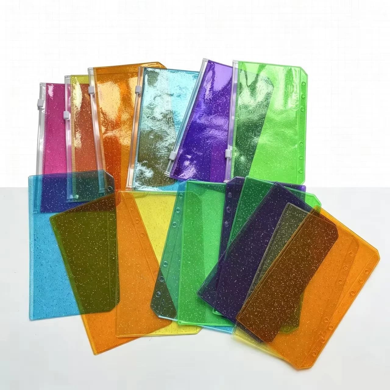 A6 Colorful Flat Glitter Binder Pockets Binder Zipper Folders For 6-ring Notebook Binder Waterproof Pvc Leaf Document Filing Bag