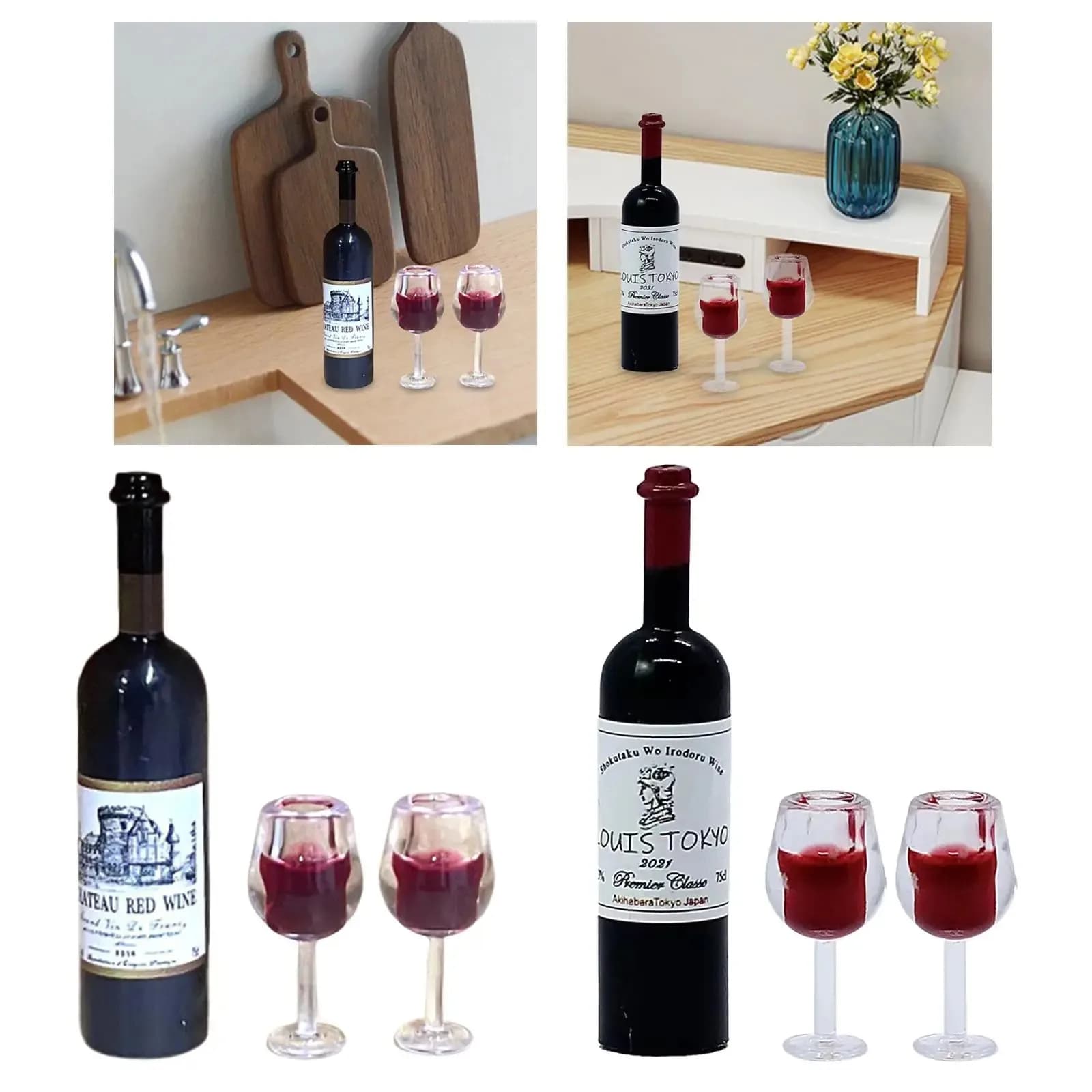 1:12 Red Wine Glass and tall Glass Models Dollhouse Wine Bottle Cups Scenery Supplies Dollhouse Accessories