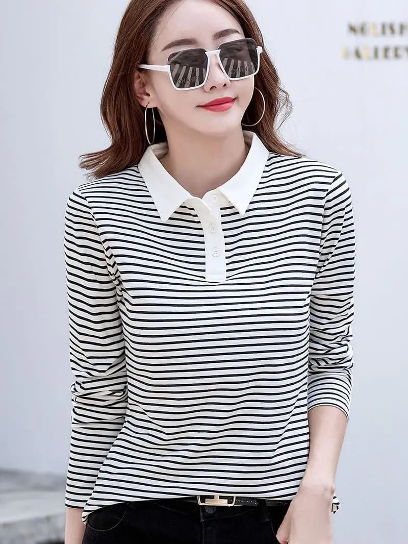 Nuova Camicia Polo da Donna a Maniche Lunghe, T-Shirt a Righe in Cotone, Moda Primavera-Autunno, Top Femminile a Contrasto, Abbigliamento Sportivo da Golf
