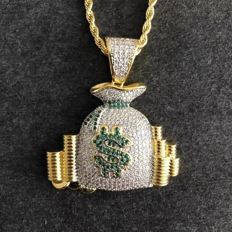 Collana con borsa per soldi con dollaro ghiacciato Hip Hop, pendente a portafoglio con zirconi cubici lucidi per uomo e donna, gioielli hip-hop rock rap