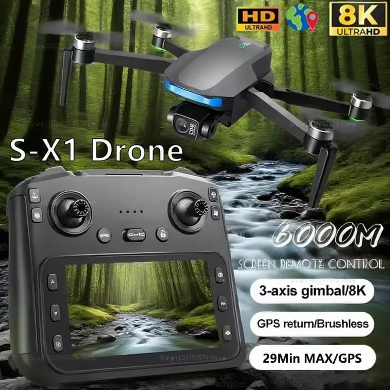 S-X1 GPS Nuovo Drone Professionale con Telecamere 8K, Gimbal a 3 Assi, FPV Aereo, Trasmissione Immagini 5G Brushless, Ampio Schermo, Droni RC