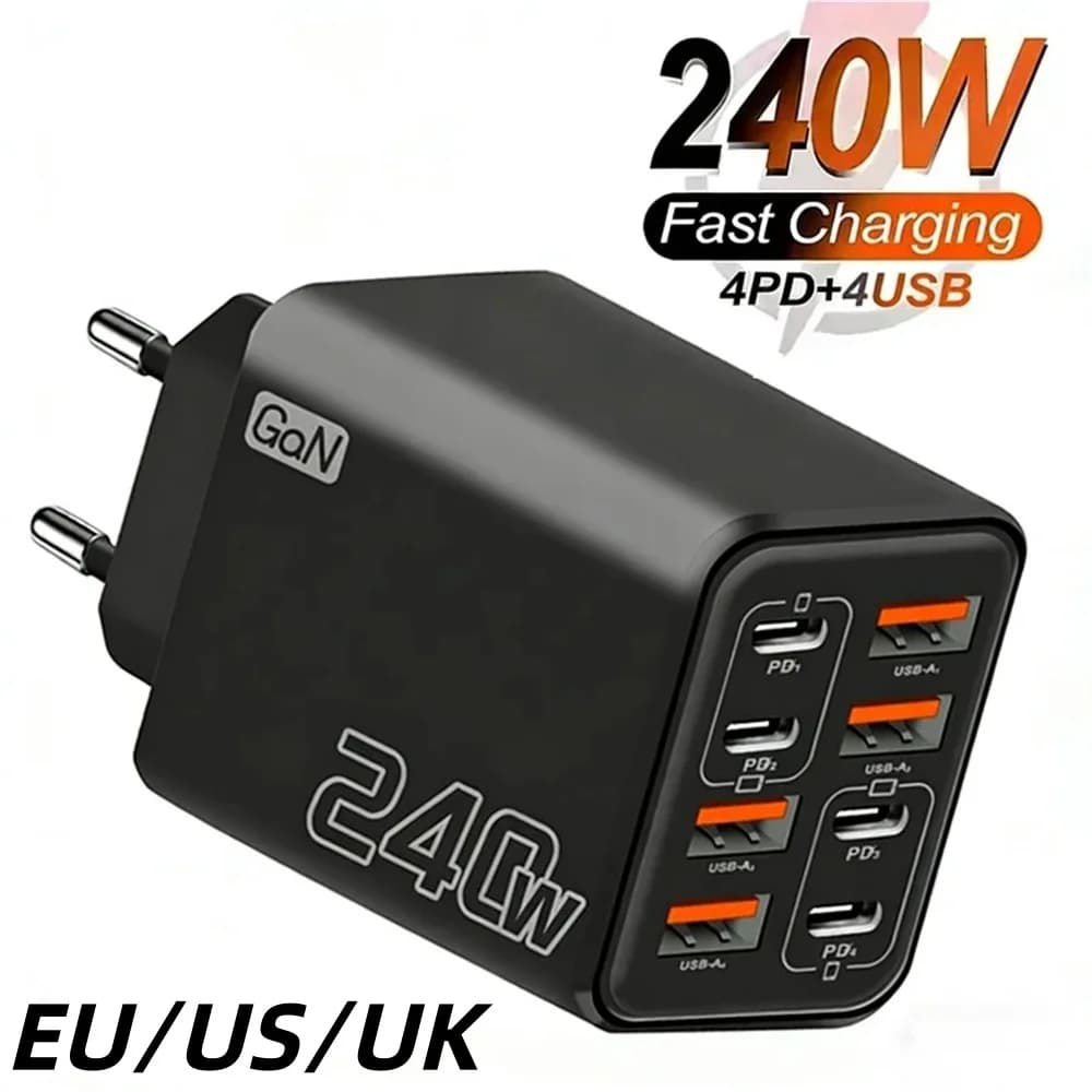 Caricatore Rapido GaN USB C 240W 8 in 1, Adattatore da Tavolo 4PD 4USB per iPhone 16 15 Pro Samsung Xiaomi, Caricatore da Muro con Spina EU US UK