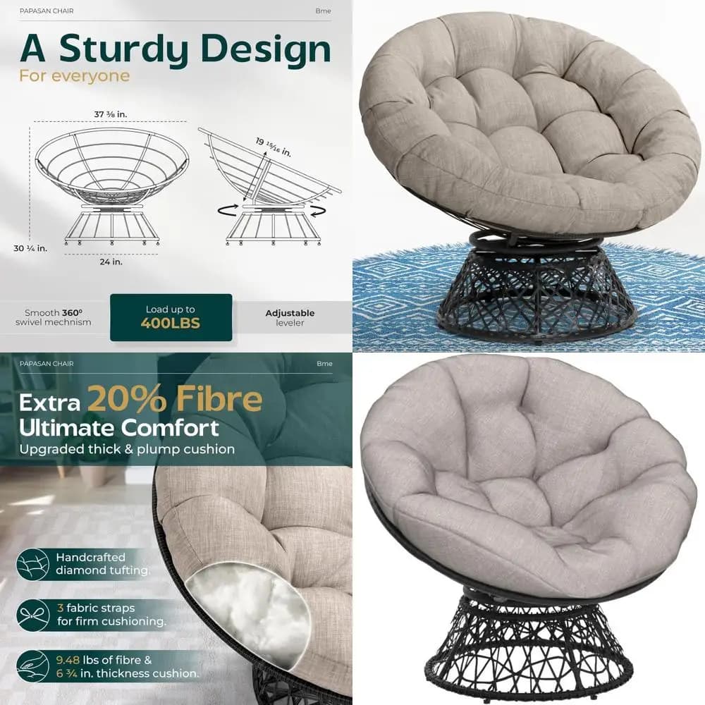 Sedia Papasan ergonomica in vimini da 40 pollici con cuscino spesso e confortevole, 360 ° Sedia girevole Papasan, sedia circolare, sedia da lettura, sedia o