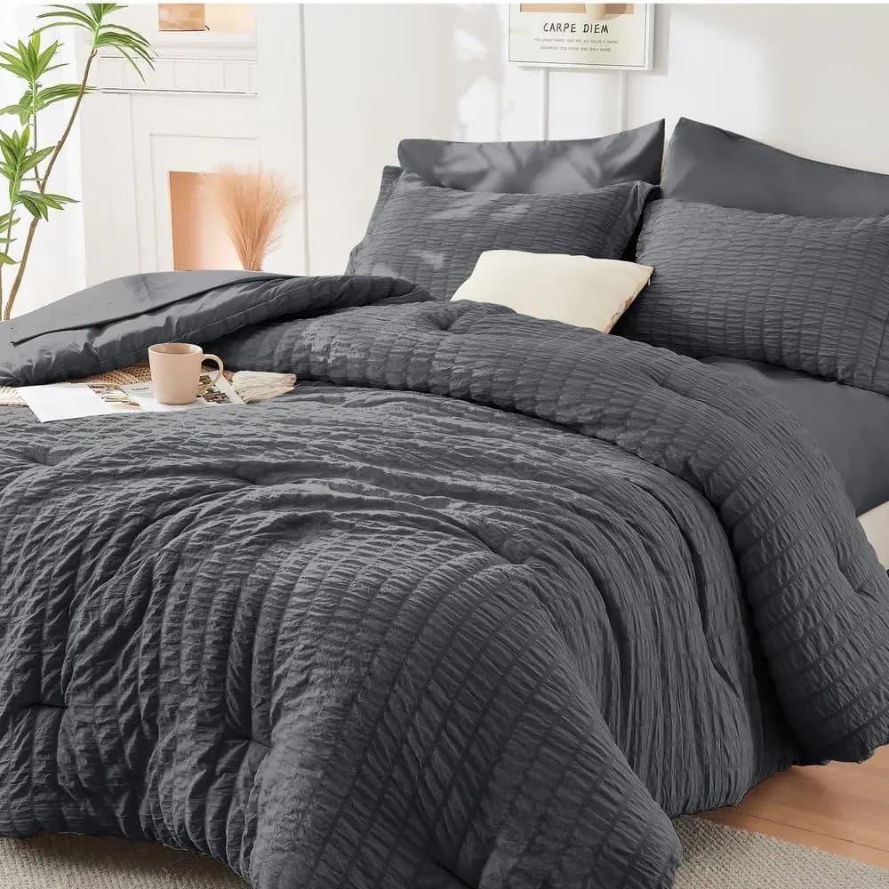 Set Copripiumino Queen Seersucker 7 Pezzi, Set Letto di Lusso per Tutte le Stagioni, Set Biancheria da Letto con Piumoni, Lenzuola, Cuscini