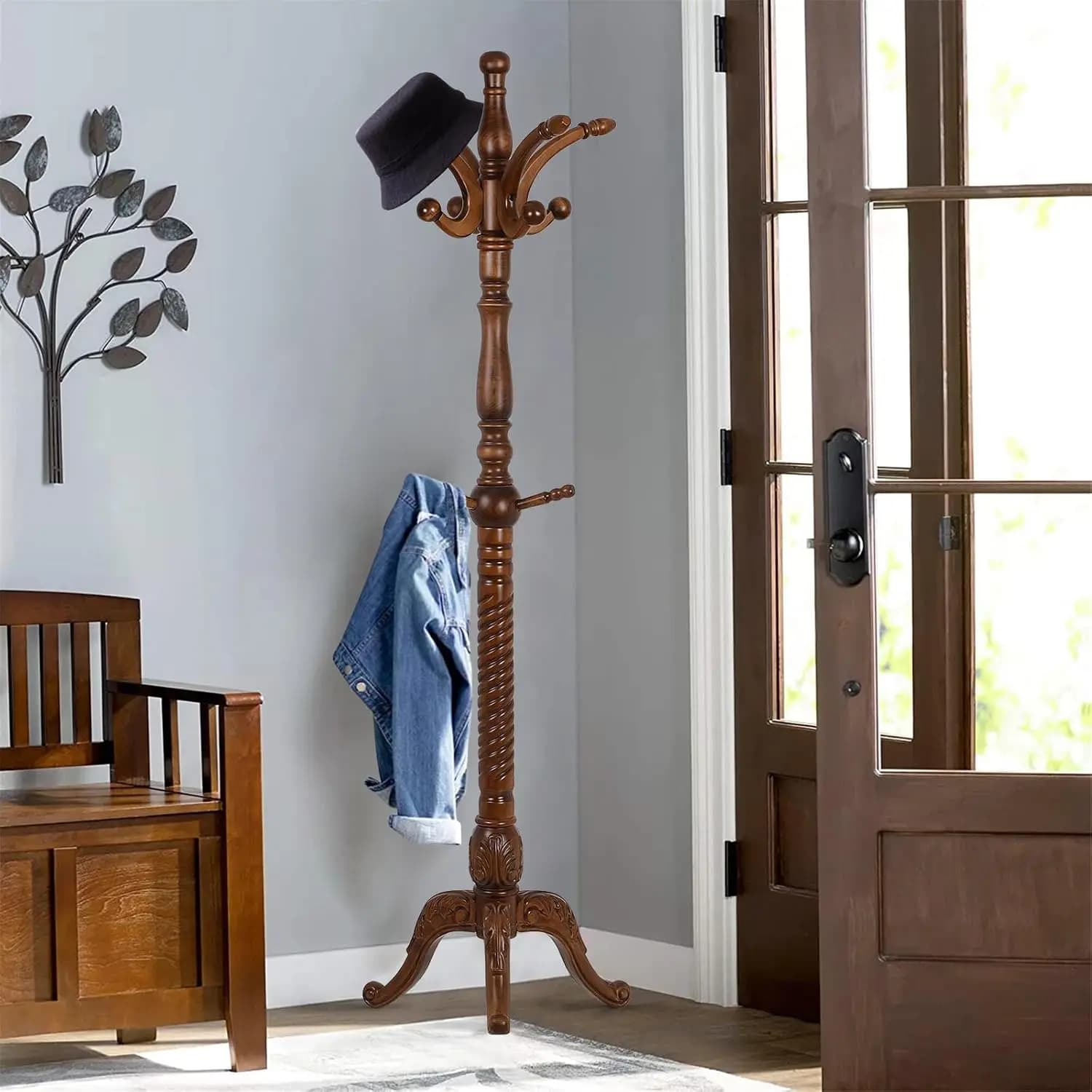 Freestanding Coat Rack Stand, Wood Clothes Hanger, Entryway, Hallway, Bedroom, Office, Multi Hook Jacket Storage Organizer, Heavy Duty Standing Tree, Modern Walnut Brown