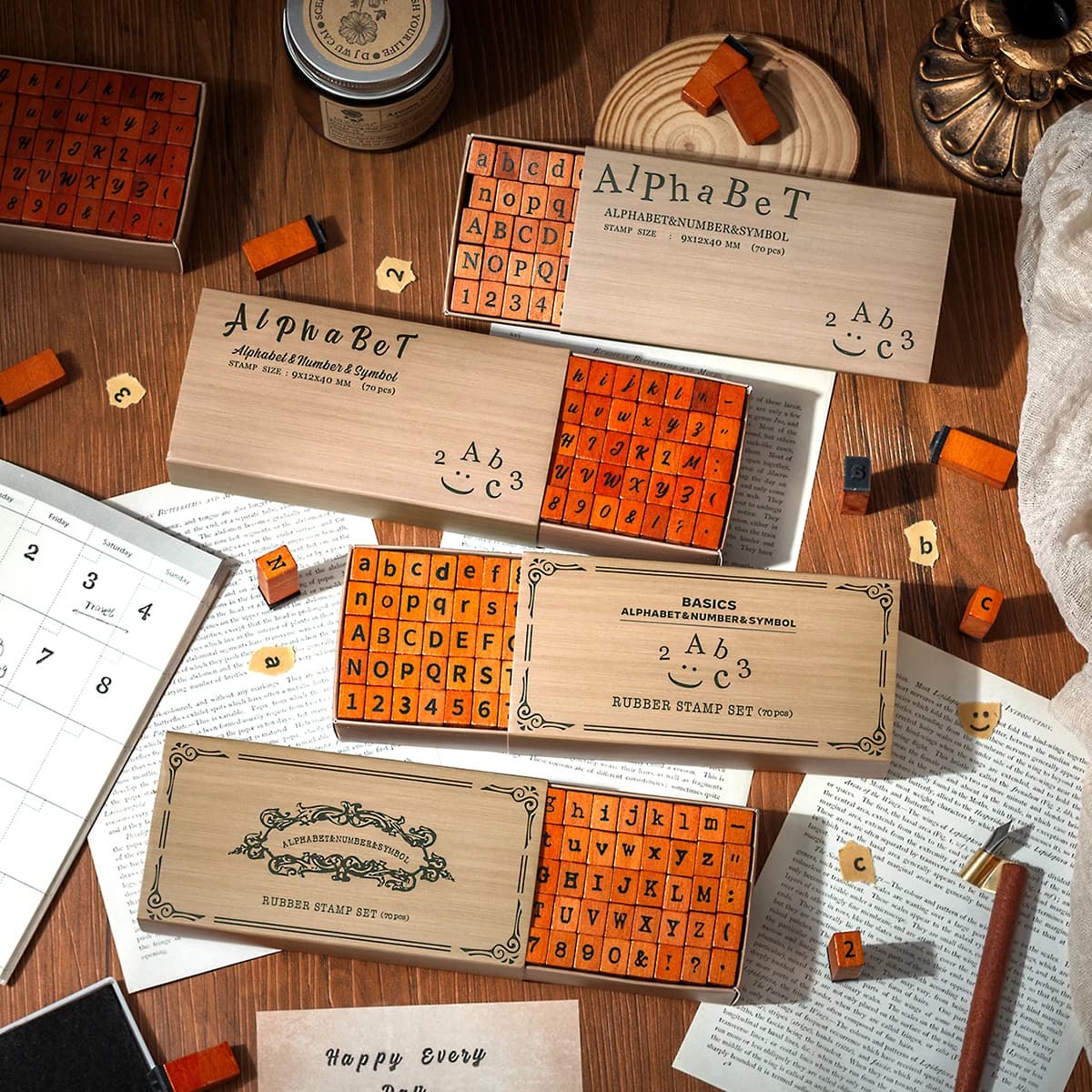70pcs/box, time puzzle stamp set, uppercase and lowercase English letter wooden seal, gift box handbook stamp as a gift